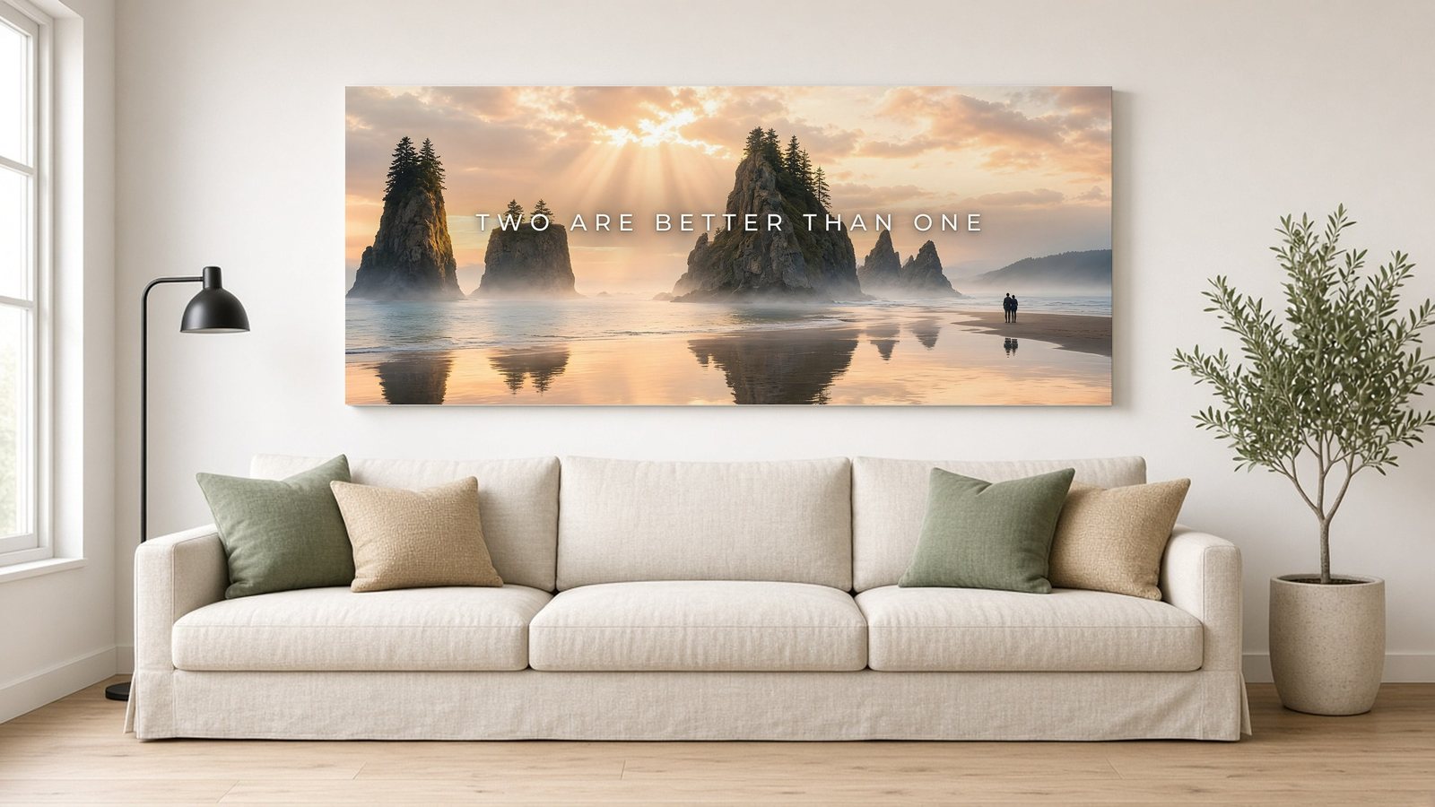 Sea Stacks at Golden Hour panoramic canvas, Two Are Better Than One, hanging above a linen sofa