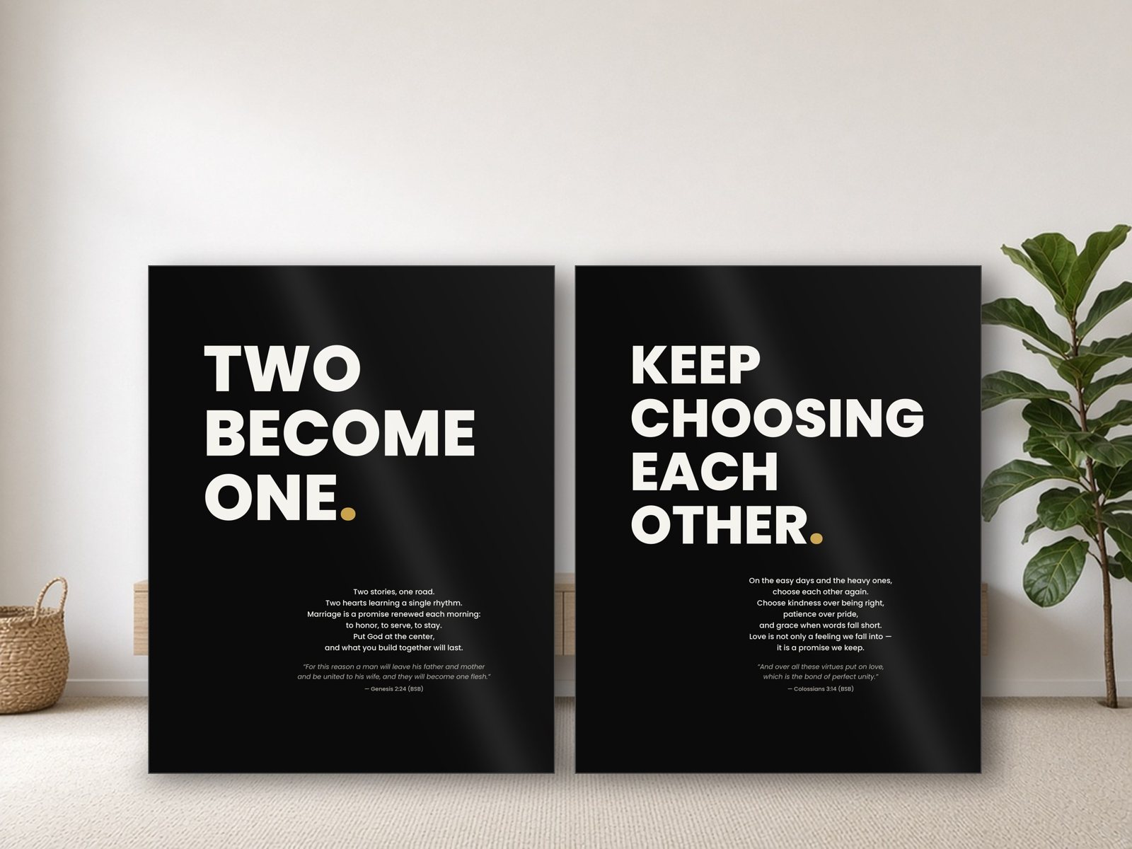 Two Words of Faith metal prints, Two Become One and Keep Choosing Each Other, leaning against a wall